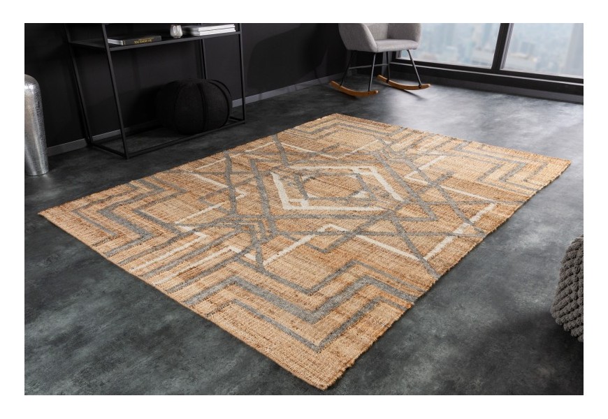 Moderný dizajnový koberec Makalu obdĺžnikového tvaru z vlny a konope hnedej farby so sivým lineárnym zdobením