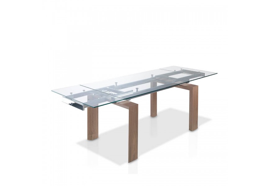 Talianska elegancia a moderný dizajn: Luxusný rozkladací jedálenský stôl Vita Naturale so sklenenou doskou a nohami z prírodnej orechovej dyhy