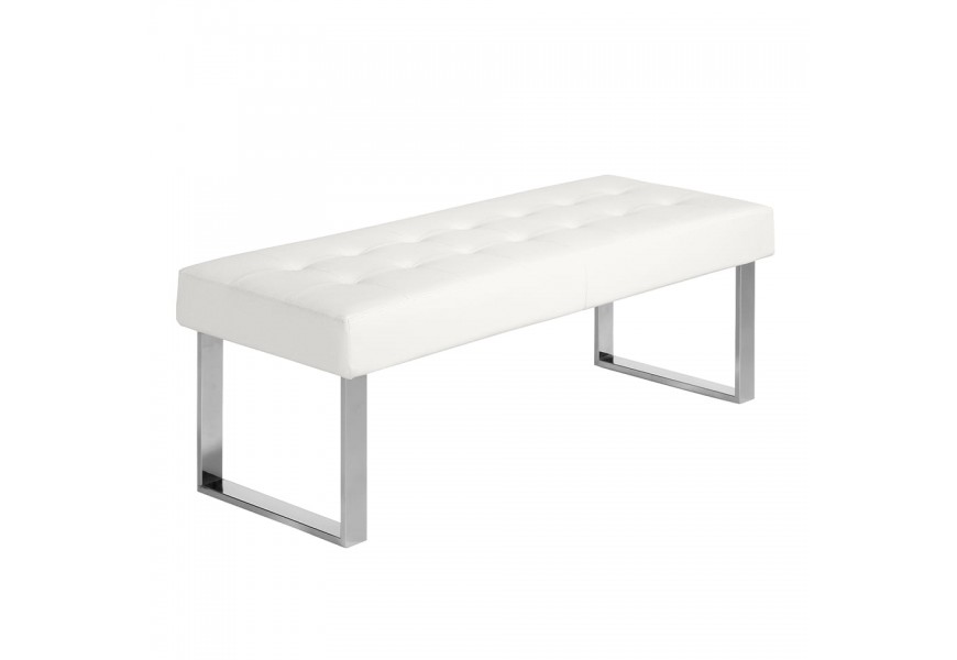 Moderná lavica Vita Naturale s čalúnením v bielej umelej koži so štvorcovým prešívaním a chrómovými nohami