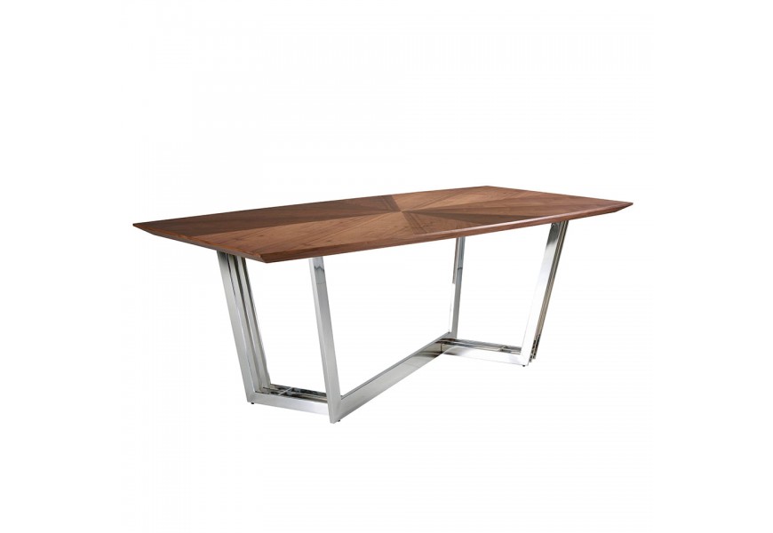 Luxusný moderný jedálenský stôl Vita Naturale obdĺžnikový z orechového dyhovaného dreva s chromovymi nožičkami