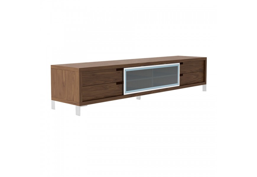 Luxusný hnedý TV stolík Vita Naturale z dyhovaného orechového dreva a chrómovými nohami