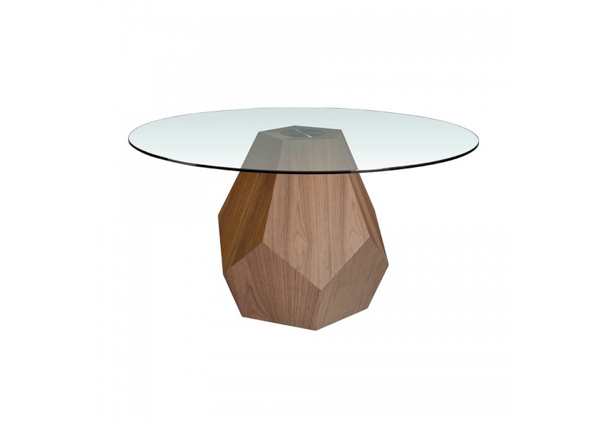 Moderný jedálenský stôl Vita Naturale s okrúhlou vrchnou doskou z tvrdeného skla a viachrannou podstavou