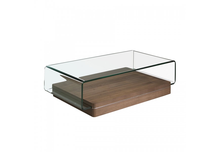 Luxusný moderný konferenčný stolík Vita Naturale z tvrdeného skla s drevenou dyhovanou podstavou