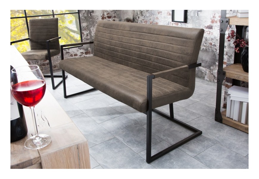 Industriálna lavica Imperial so sivohnedým čalúnením a s čiernou kovovou konštrukciou 160cm