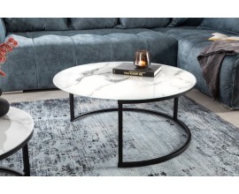Dizajnový okrúhly konferenčný stolík Soleil s čiernou kovovou podstavou a bielou sklenenou doskou s mramorovým efektom