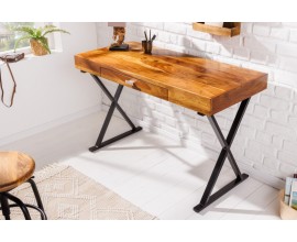 Masívny industriálny kancelársky stôl Grace z palisandrového dreva hnedej farby s praktickou zásuvkou