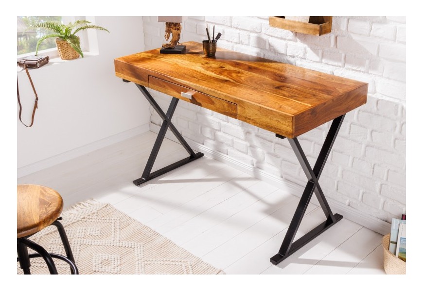 Masívny industriálny kancelársky stôl Grace z palisandrového dreva hnedej farby s praktickou zásuvkou