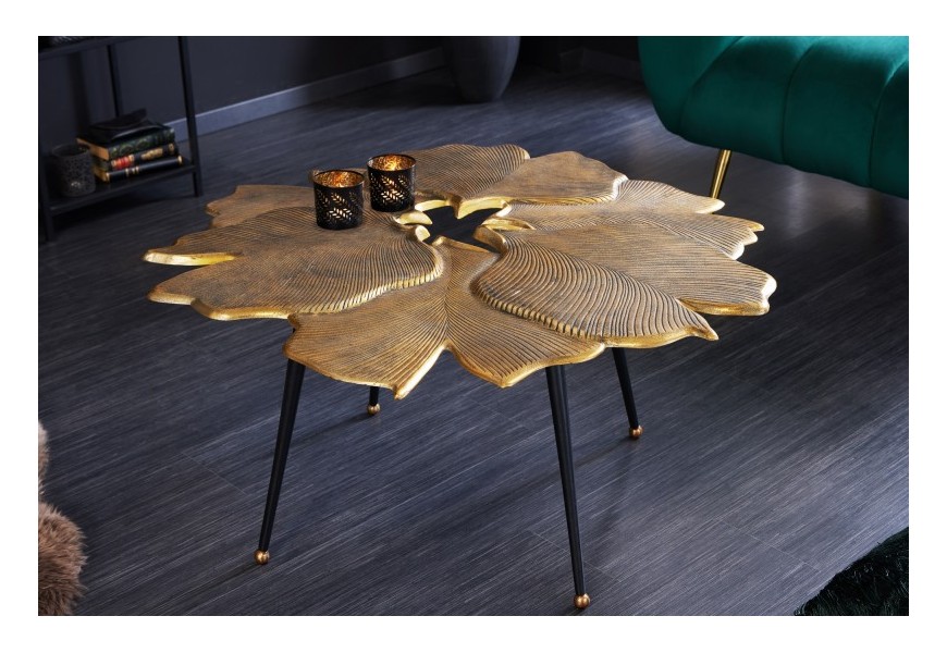 Exkluzívny glamour konferenčný stolík Ginko v zlatom prevedení v tvare listov ginka s čiernymi kovovými nožičkami