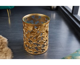 Art deco glamour zlatý príručný stolík Ginko zlatej farby z kovu s okrúhlou sklenenou doskou 47cm