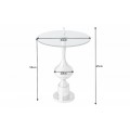 Dizajnový príručný stolík Marietta s okrúhlou sklenenou vrchnou doskou a ozdobnou striebornou podstavou 65cm