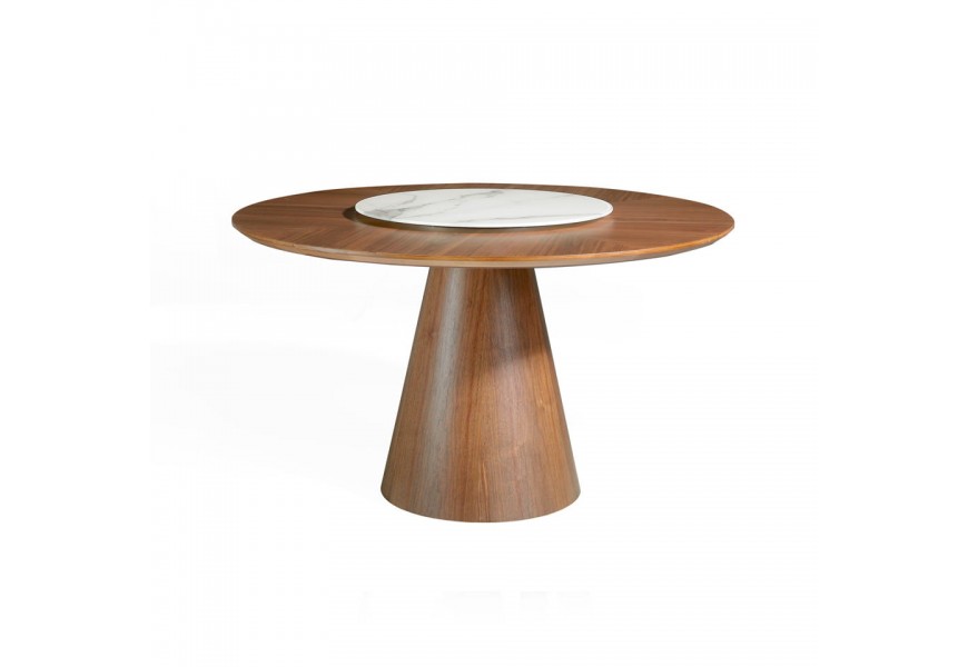 Luxusný okrúhly jedálenský stôl Vita Naturale z orechového dreva s porcelánovou stredovou doskou s mramorovým vzhľadom