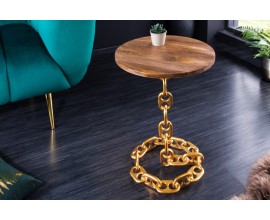 Dizajnový okrúhly príručný stolík Belime Gold s ozdobnou zlatou konštrukciou z kovu a mangovou vrchnou doskou 54cm