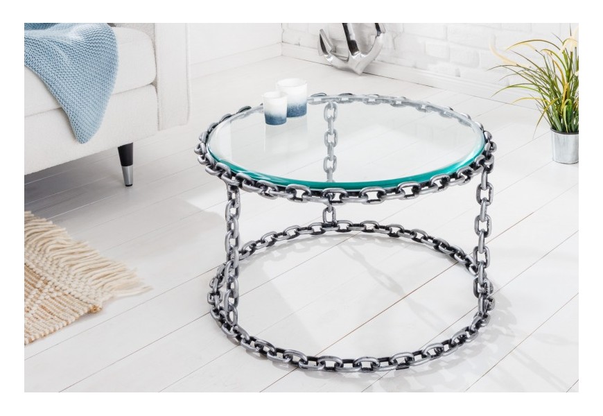 Moderný dizajnový konferenčný stolík Belime Silver okrúhleho tvaru s reťazovou sivou konštrukciou a sklenenou doskou