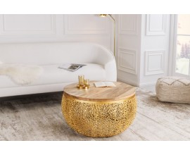 Art deco konferenčný stolík Hoja okrúhleho tvaru s hnedou vrchnou drevenou doskou a zlatou podstavou 80cm