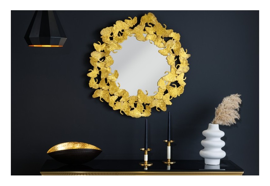Luxusné zlaté nástenné zrkadlo Ginko s okrúhlym kovovým rámom v tvare listov ginka v štýle glamour