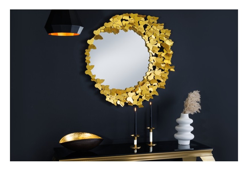 Dizajnové glamour nástenné zrkadlo Butterfly s okrúhlym kovovým rámom zlatej farby s motýlím zdobením 80cm