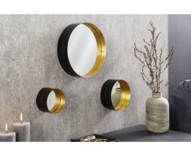 Dizajnový art deco set troch nástenných zrkadiel Patagonia s okrúhlym kovovým rámom zlatej a čiernej farby 