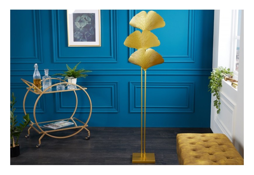 Luxusná glamour stojaca lampa Ginko v zlatej farbe s kovovou konštrukciou s tromi listami ginka