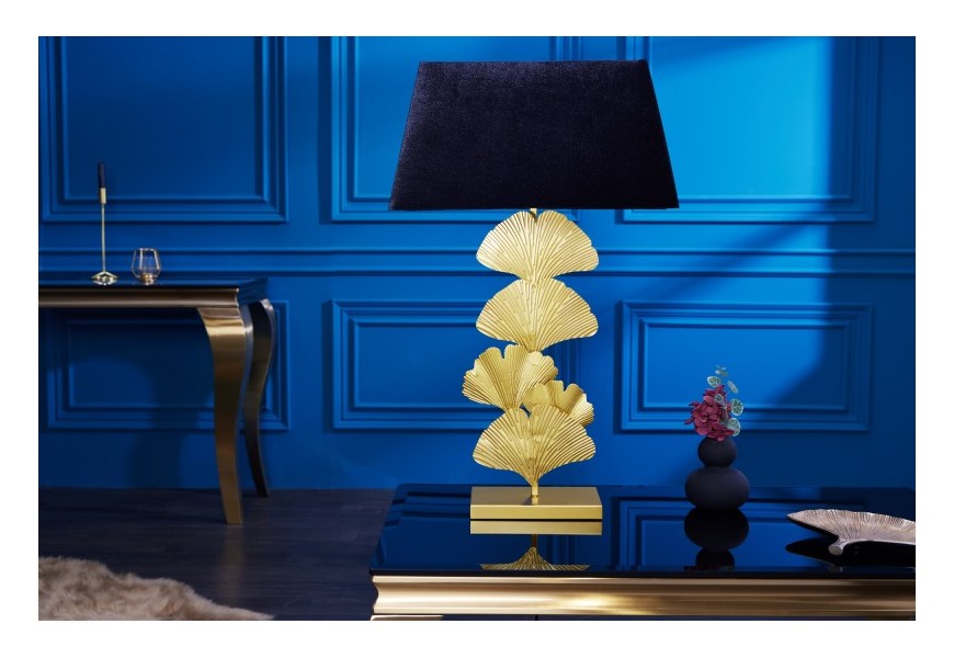 Dizajnová art deco stolná lampa Ginko zlatej farby z kovu s čiernym textilným tienidlom