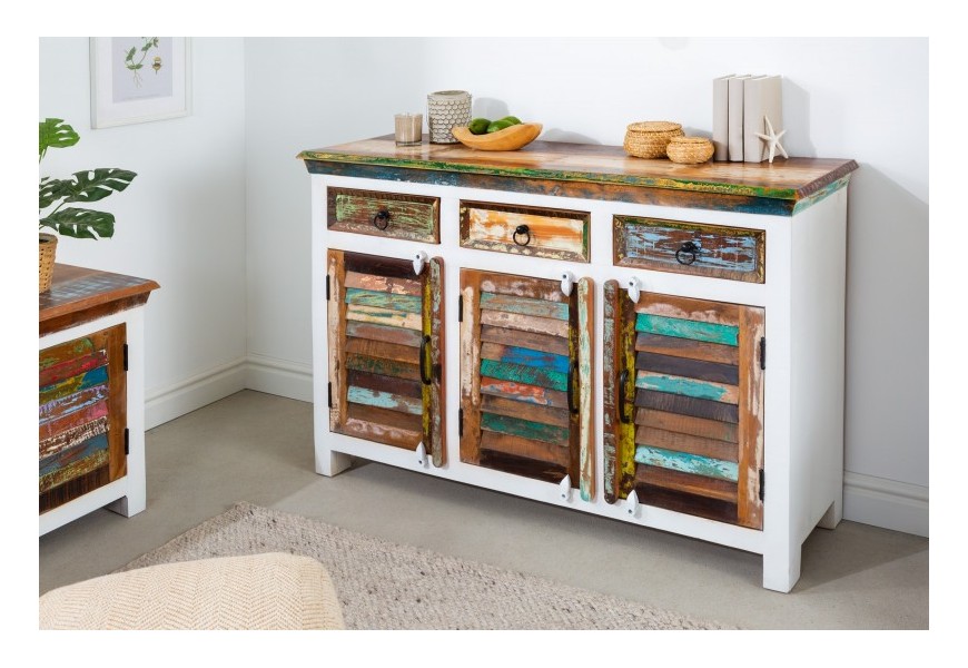 Koloniálny príborník Jakarta z masívneho mangového dreva bielej farby s farebnými dvierkami, zásuvkami a vrchnou doskou