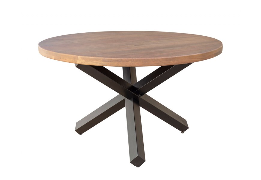 Moderný okrúhly jedálenský stôl Delia hnedej farby z agátového masívu s čiernymi prekríženými nohami z kovu