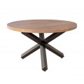 Moderný okrúhly jedálenský stôl Delia hnedej farby z agátového masívu s čiernymi prekríženými nohami z kovu
