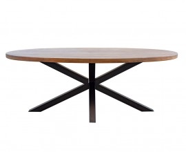 Moderný oválny jedálenský stôl Delia z masívneho agátového dreva hnedej farby s čiernymi kovovými prekríženými nohami