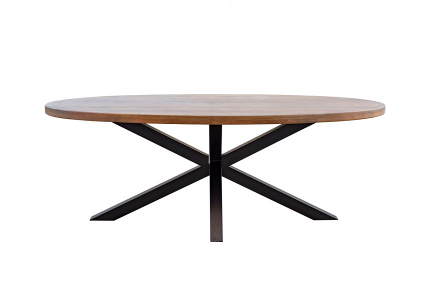 Moderný oválny jedálenský stôl Delia z masívneho agátového dreva hnedej farby s čiernymi kovovými prekríženými nohami
