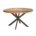 Industriálny kruhový jedálenský stôl Delia z recyklovaného masívu s patinou a s čiernymi prekríženými nohami z kovu
