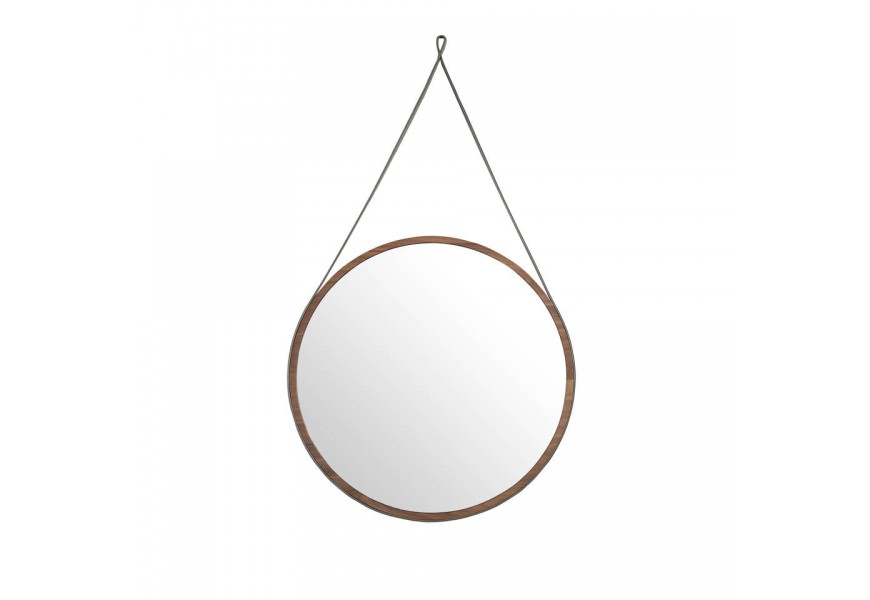 Moderné okrúhle závesné zrkadlo Vita Naturale s dreveným rámom v hnedej farbe