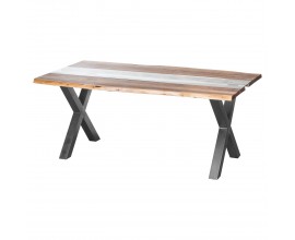 Industriálny jedálenský stôl Live Edge z hnedého dreva so sklenenou aplikáciou a čiernymi prekríženými nožičkami  180cm