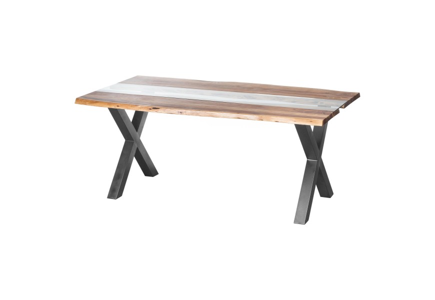 Industriálny obdĺžnikový jedálenský stôl Live Edge z akáciového dreva v hnedej farbe so sklom uprostred na čiernych prekrížených kovových nožičkách