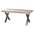 Industriálny obdĺžnikový jedálenský stôl Live Edge z akáciového dreva v hnedej farbe so sklom uprostred na čiernych prekrížených kovových nožičkách