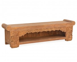Masívna rustikálna lavica Merida z teakového dreva s poličkou a ornamentálnym zdobením 195cm