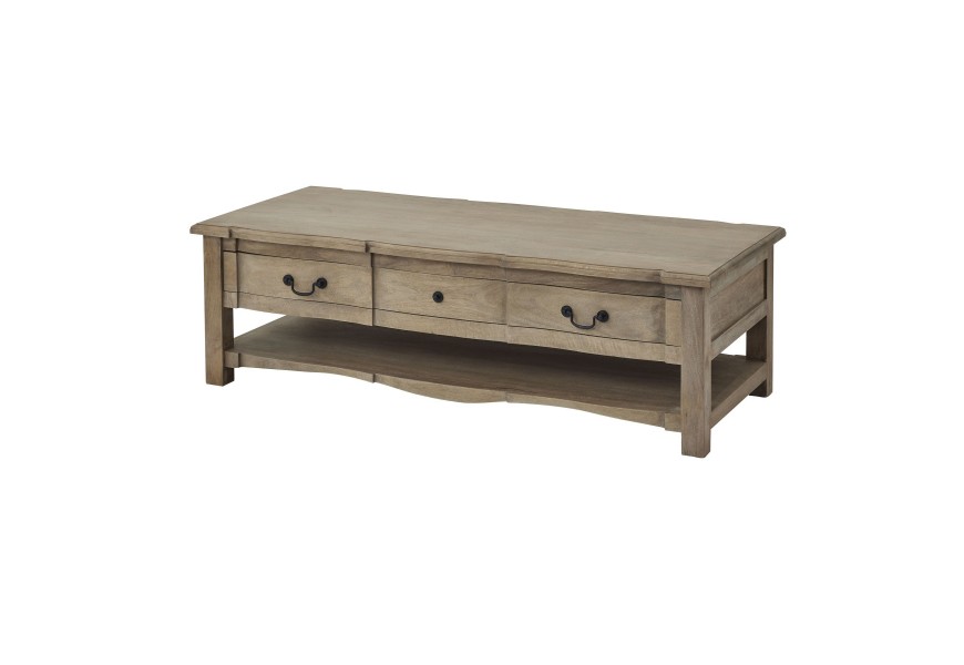 Vidiecky konferenčný stolík Fratemporain hnedej farby s tromi zásuvkami a poličkou s klasickým vyrezávaným zdobením