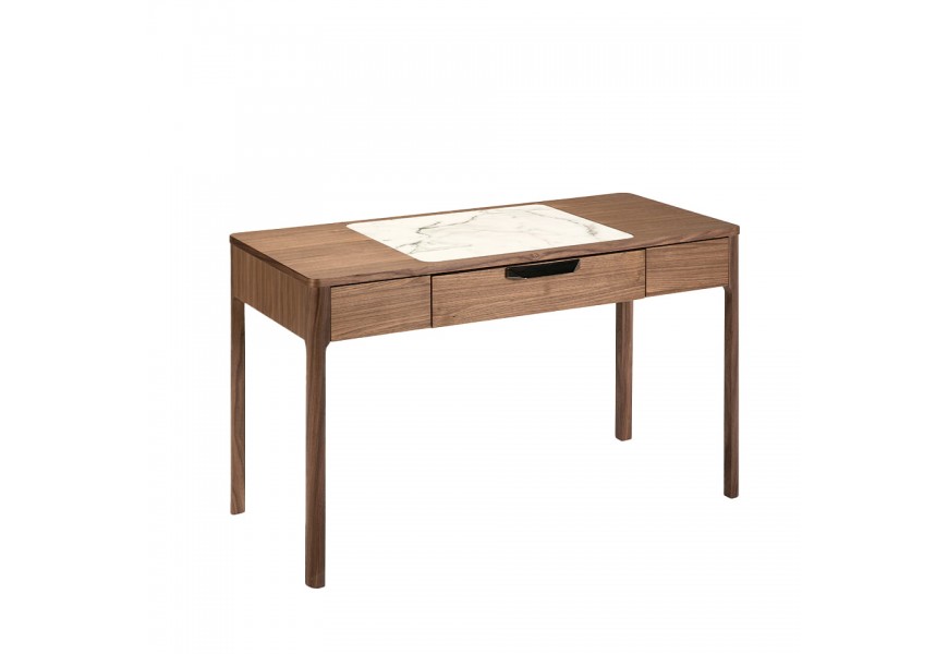 Moderný písací stolík Vita Naturale z dyhovaného dreva s mramorovým detailom prírodne hnedý