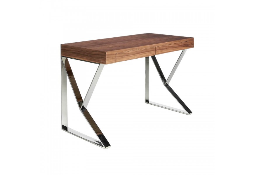 Luxusný písací stolík Vita Naturale v modernom štýle s dvomi zásuvkami a chromovými nožičkami hnedý