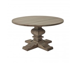 Okrúhly vidiecky jedálenský stôl Fratemporain z masívneho tvrdého dreva v hnedo-sivom vyhotovení s matným finishom na jednej mohutnej nohe s klasickým vyrezávaním