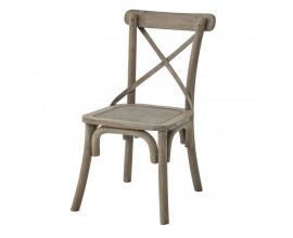 Jedálenská drevená stolička z kolekcie Fratemporain vo vidieckom štýle s prekrížením v časti chrbtovej opierky a viedenským výpletom na sedacej ploche v hnedo-sivej farbe