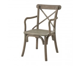 Vidiecka drevená jedálenská stolička Fratemporain s opierkami na ruky a viedenským výpletom sedenia v hnedo-sivej matnej povrchovej úprave