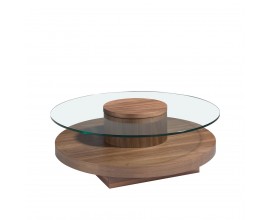 Luxusný konferenčný stolík Vita Naturale s vrchnou doskou z tvrdeného skla a drevenou podstavou okrúhly hnedý