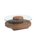 Luxusný konferenčný stolík Vita Naturale s vrchnou doskou z tvrdeného skla a drevenou podstavou okrúhly hnedý