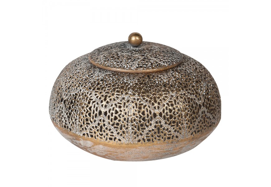 Dizajnová okrúhla nádoba Marissa z kovu s orientálnym zdobením a vekom s okrúhlym úchytom v zlatej farbe
