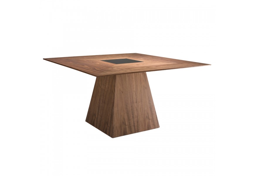 Luxusný štvorcový jedálenský stôl Vita Naturale z prírodne hnedej orechovej dyhy s čiernym detailom zo skla