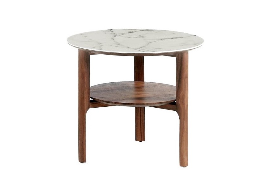 Dizajnový príručný stolík Vita Naturale okrúhly v modernom štýle z dyhovaného dreva s doskou v prevedení biely mramor