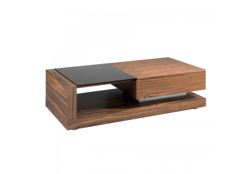 Moderný obdĺžnikový konferenčný stolík Vita Naturale z dyhovaného dreva s čiernym skleneným detailom hnedý