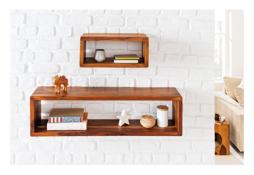 Masívna sada dvoch poličiek Satelli z palisandrového dreva vo vidieckom štýle v hnedej farbe v tvare obdĺžnika s možnosťou závesu na stenu