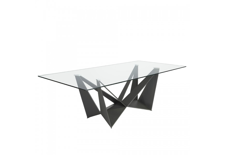 Moderný jedálenský stôl Urbano so sklenenou vrchnou doskou a čiernou kovovou konštrukciou