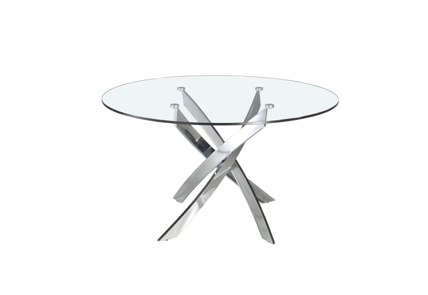 Elegantný okrúhly stôl Urbano s tvrdenou sklenenou doskou a atypickými chrómovými nožičkami