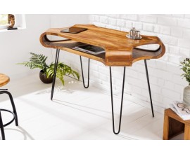 Štýlový industriálny kancelársky stôl Spin z masívneho dreva sheesham hnedej farby a s čiernymi kovovými nohami